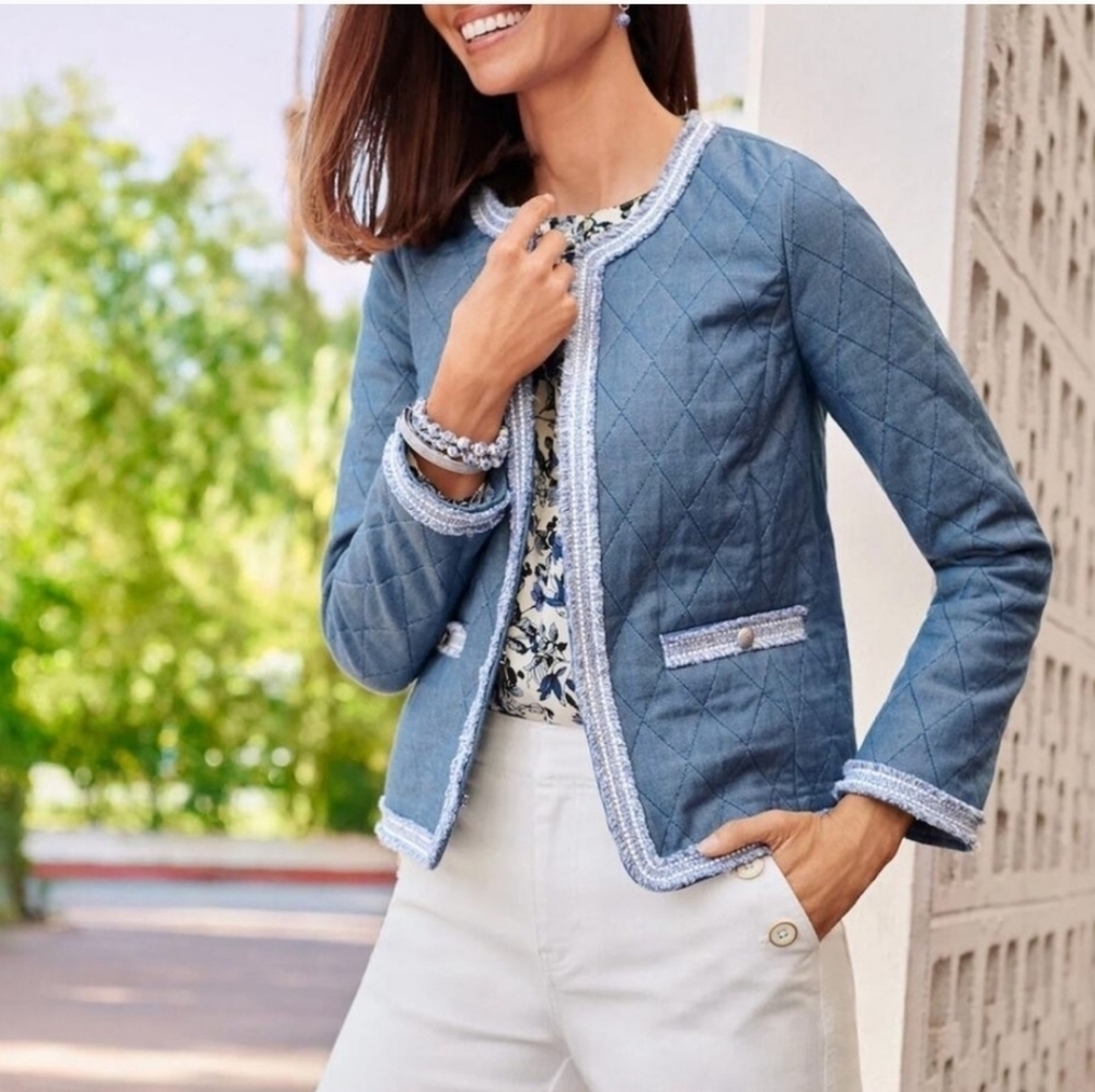 Talbots Fringe Quilted Chambray Jacket Fall Elegant Careerwear Office Size 12